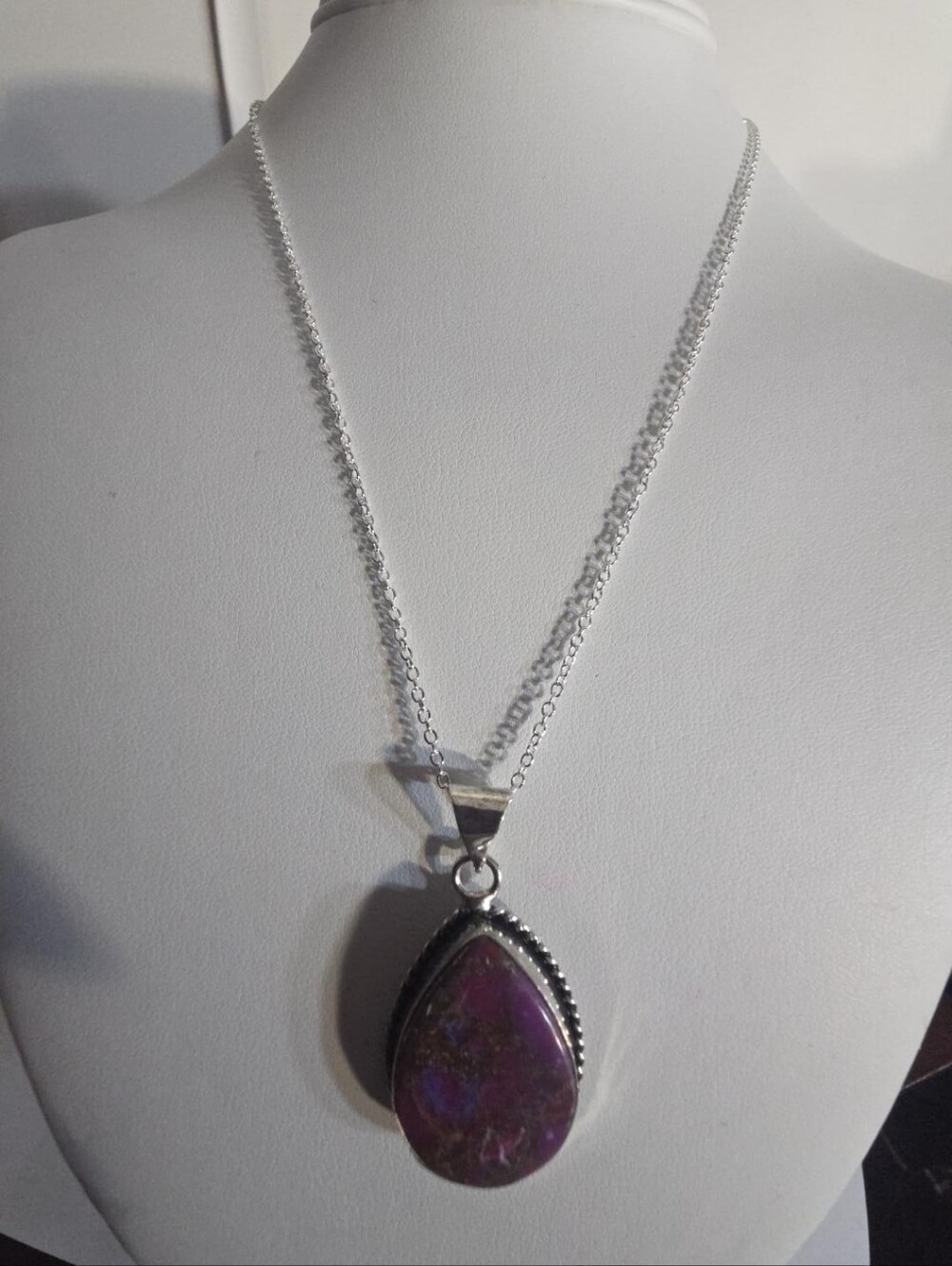 925 Sterling Silver Purple Natural Stone Teardrop Pendant Necklace 18"